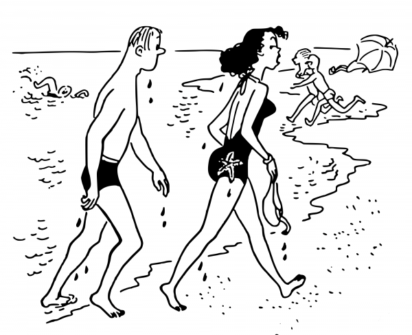 Vintage Couple at the Beach coloring page image