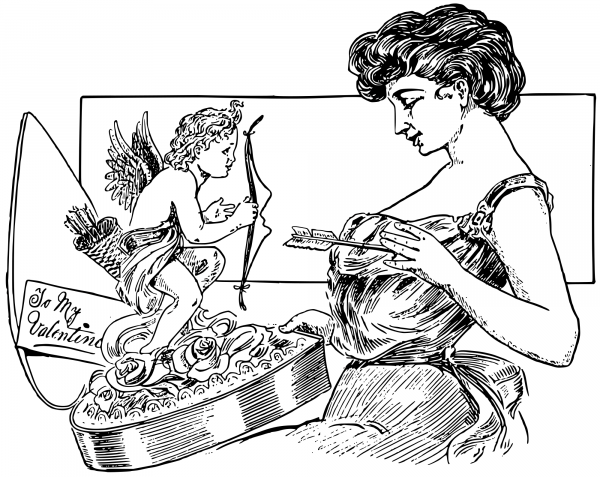 Vintage Cupid Hits the Heart of a Lady coloring page image