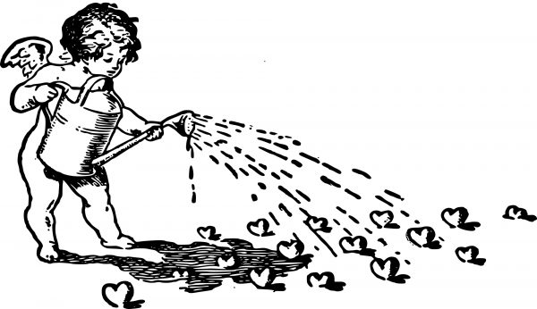 Vintage Cupid Watering Hearts coloring page image
