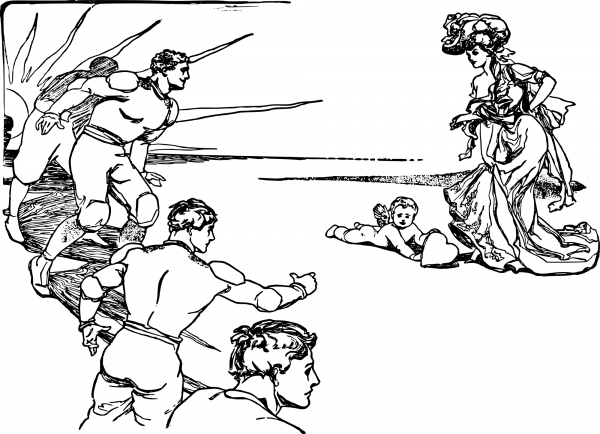 Vintage Cupid Woman and Suitors coloring page image