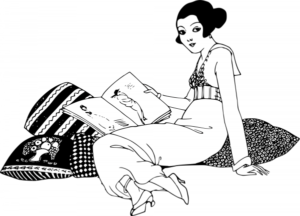 Vintage Cushion Lady Reads coloring page image