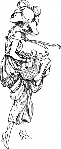 Vintage Cute Lady with a Basket coloring page image