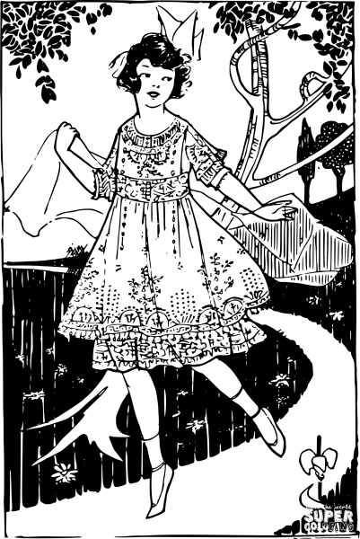 Vintage Cute Young Girl in a Dress coloring page image