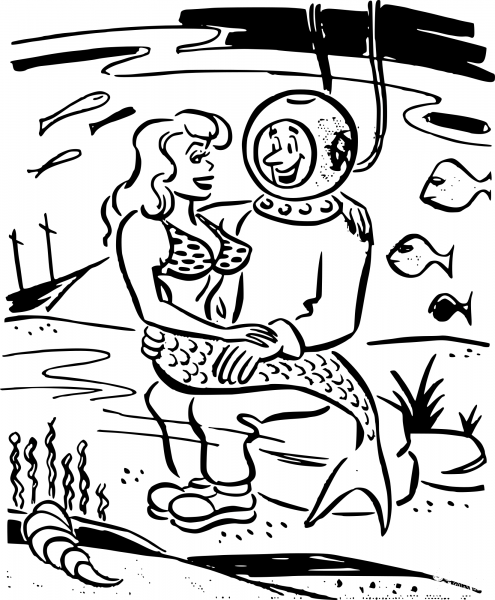 Vintage Diver and Mermaid coloring page image