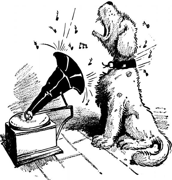 Vintage Dog Sings with Record coloring page image