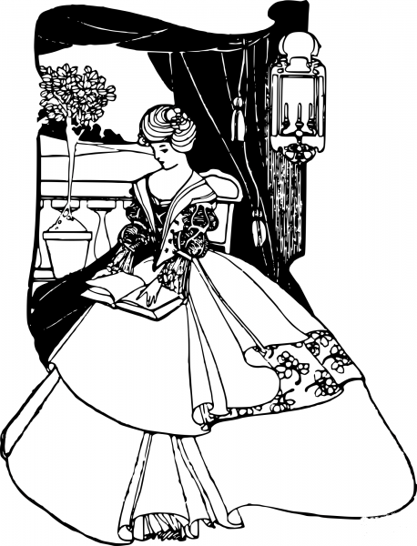 Vintage Dress Lady Reading coloring page image