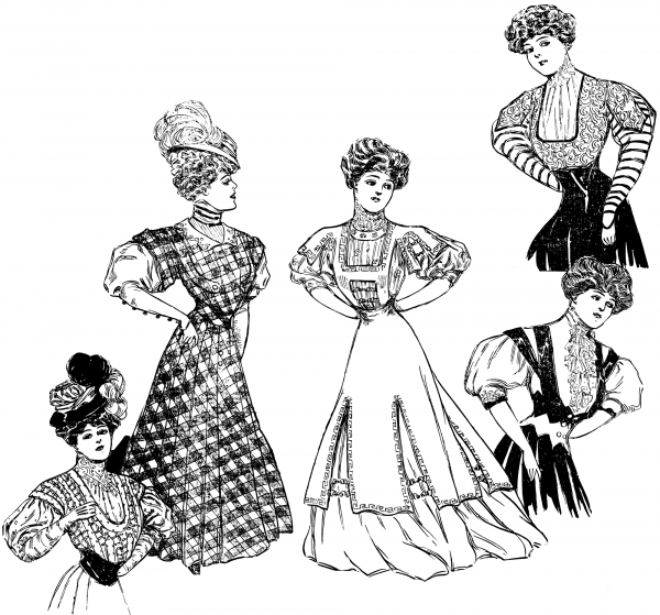 Vintage Five Retro Womens Fashions coloring page image