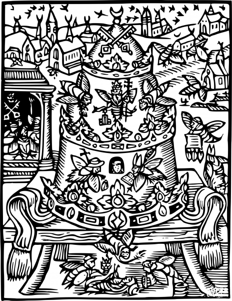 Vintage Freaky Beehive Woodcut coloring page image