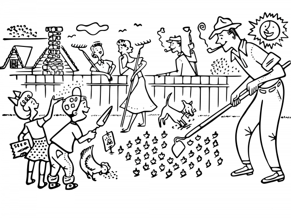 Vintage Gardening Scene coloring page image