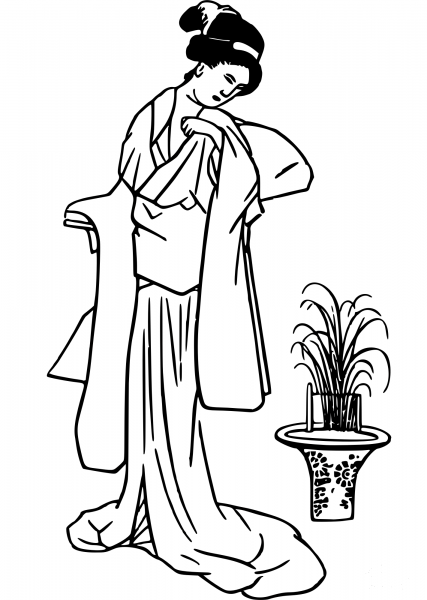 Vintage Girl Admiring a Pot Plant coloring page image