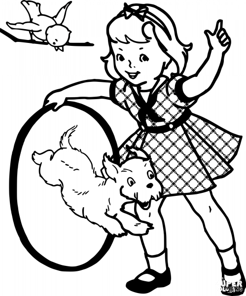 Vintage Girl and Dog coloring page image
