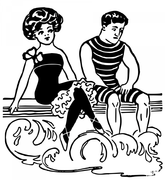 Vintage Girl and Sad Guy at the Beach coloring page image