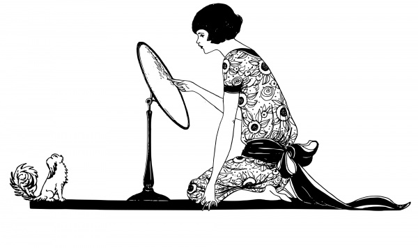 Vintage Girl Dog and Her Mirror coloring page image