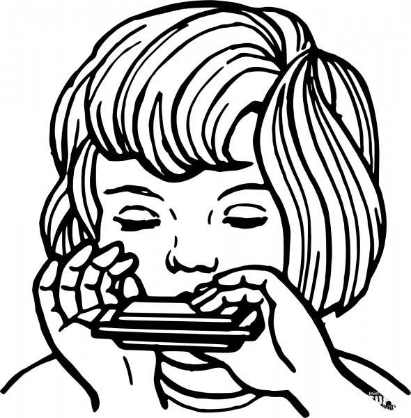 Vintage Girl Playing Harmonica coloring page image