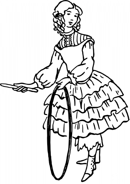 Vintage Girl with Stick and Hoop coloring page image