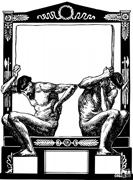 Vintage Guys Holding up a Frame coloring page image
