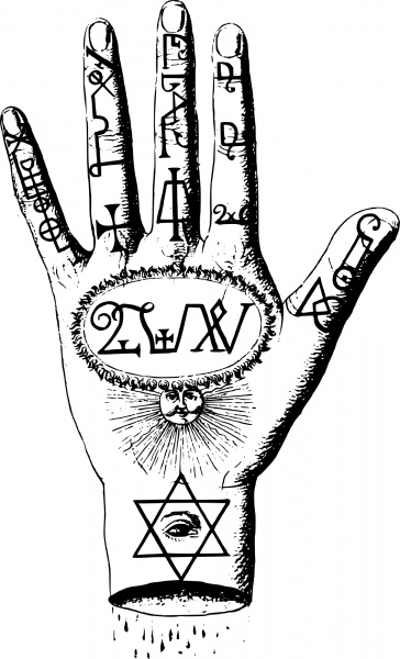 Vintage Hand with Symbols coloring page image