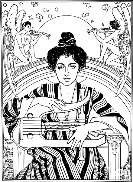 Vintage Harp Lady coloring page image