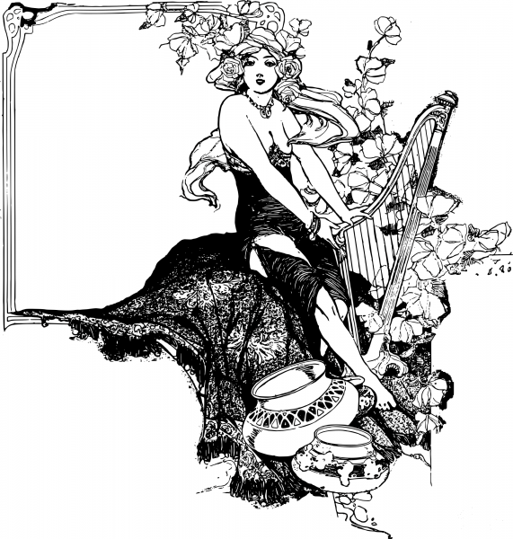 Vintage Harp Lady Frame coloring page image