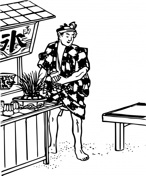 Vintage Japanese Icewater Vendor coloring page image