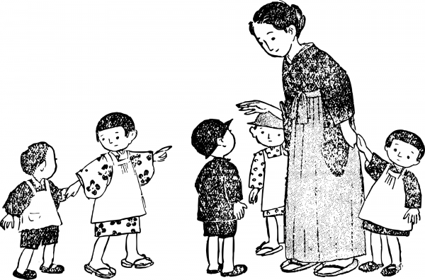 Vintage Japanese Mama and Many Kids coloring page image
