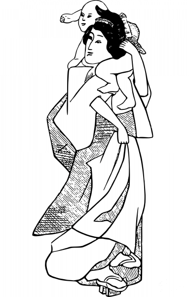 Vintage Japanese Mother and Child coloring page image