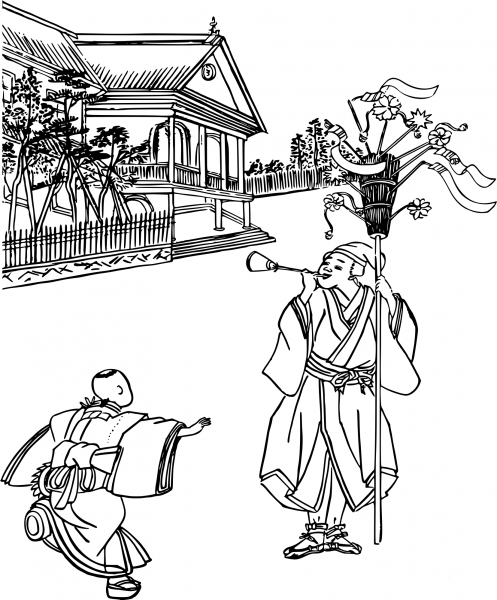 Vintage Japanese Travelling Toy Seller coloring page image