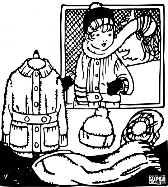 Vintage Kid Looks at Scarf coloring page image