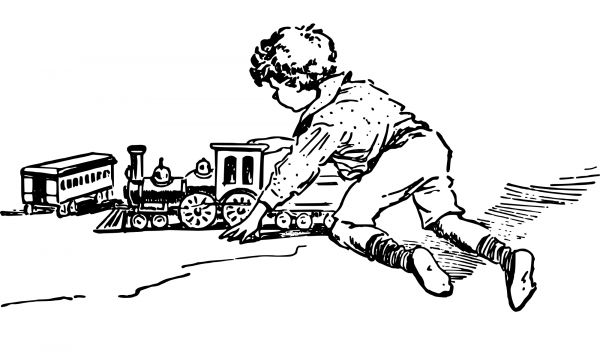 Vintage Kid Playing with Toy Train coloring page image