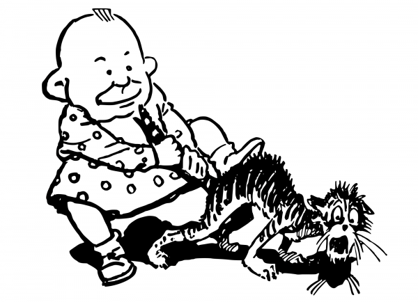 Vintage Kid Pulls Cats Tail coloring page image