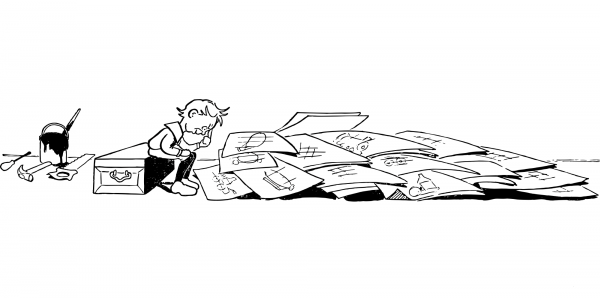 Vintage Kid with Many Drawings coloring page image