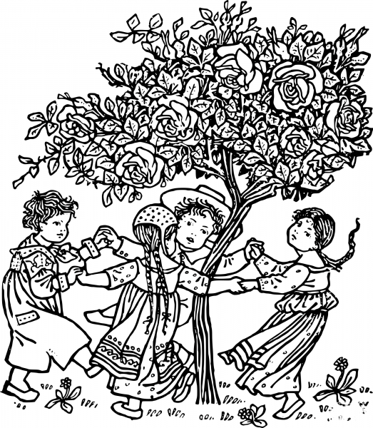Vintage Kids and a Tree coloring page image