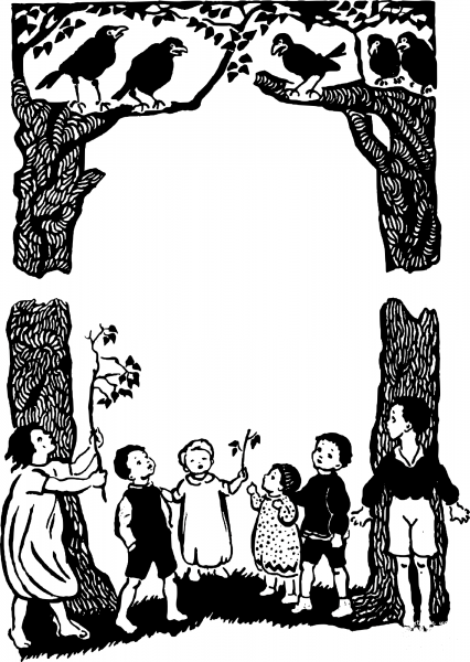 Vintage Kids and Crows coloring page image