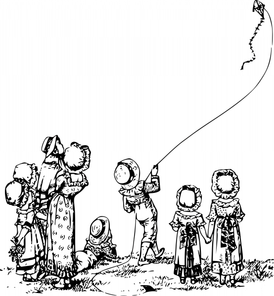 Vintage Kids Fly a Kite coloring page image