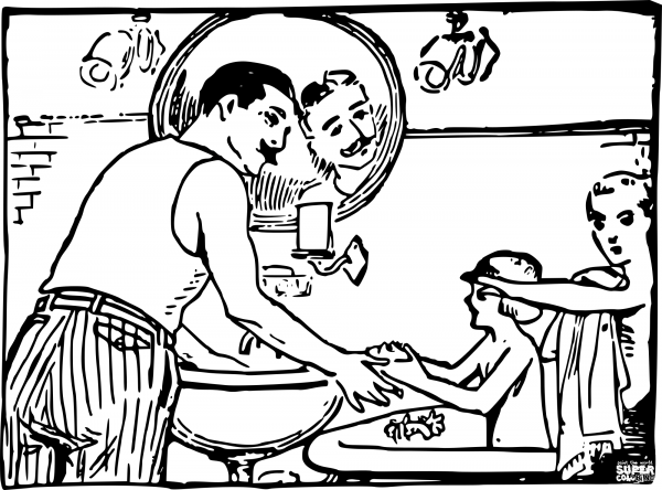 Vintage Kids in Bath and Dad coloring page image