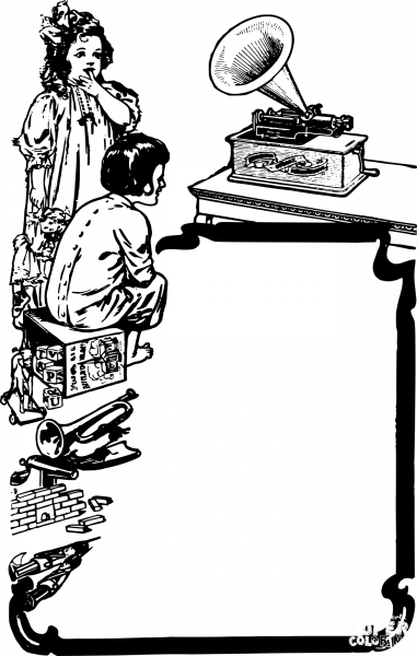 Vintage Kids Listen to Music coloring page image