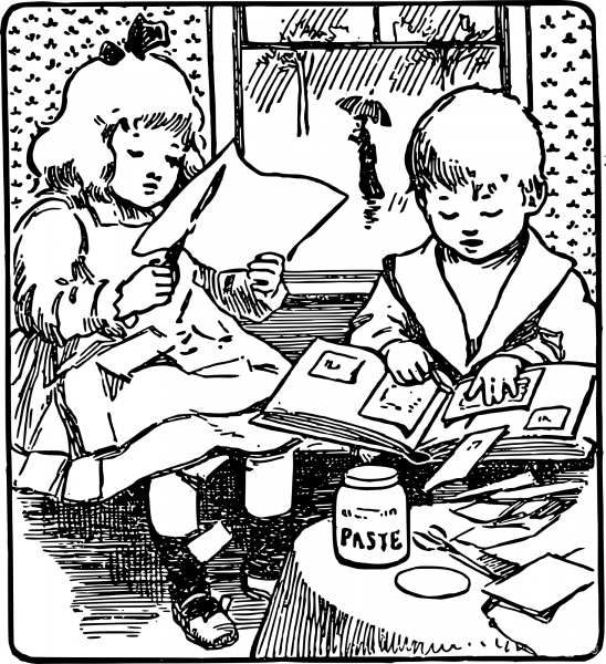 Vintage Kids Making a Scrapbook coloring page image