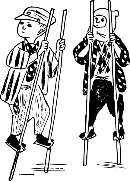 Vintage Kids on Stilts coloring page image