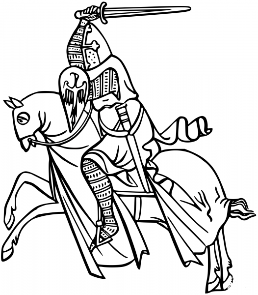 Vintage Knight on Horseback coloring page image