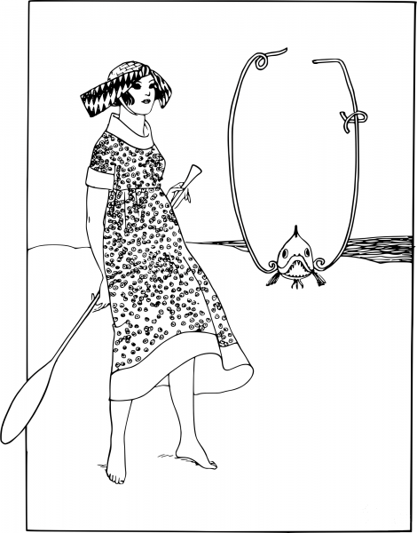 Vintage Lady and a Fish Frame coloring page image