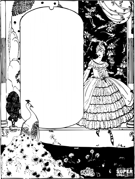 Vintage Lady and Peacock Frame coloring page image
