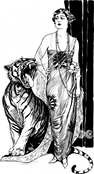 Vintage Lady and Tiger coloring page image