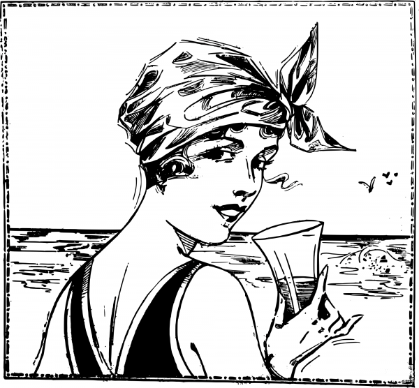 Vintage Lady at the Beach Drinks coloring page image