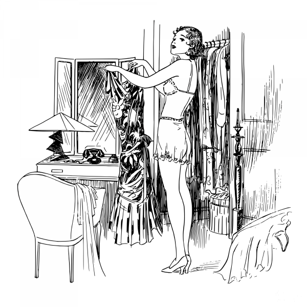 Vintage Lady Getting Dressed coloring page image