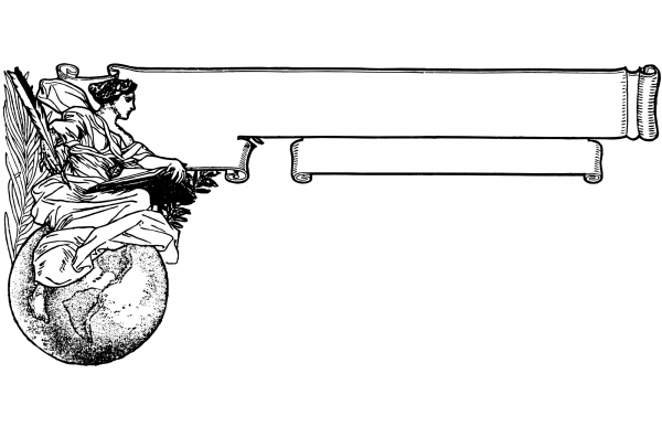 Vintage Lady on the World with Banners coloring page image