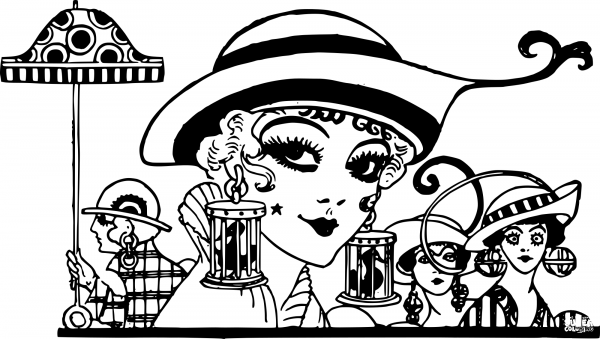 Vintage Lady with Bird Cage Earrings coloring page image