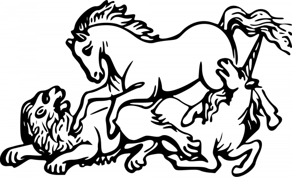 Vintage Lion Horse and Unicorn coloring page image