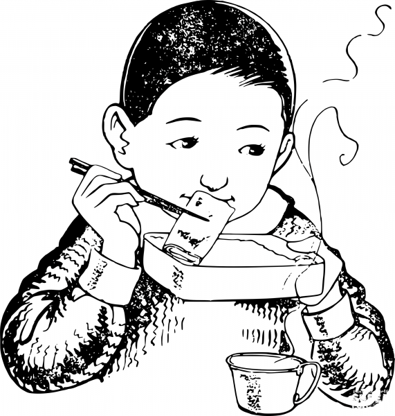 Vintage Little Boy Eats Lunch coloring page image