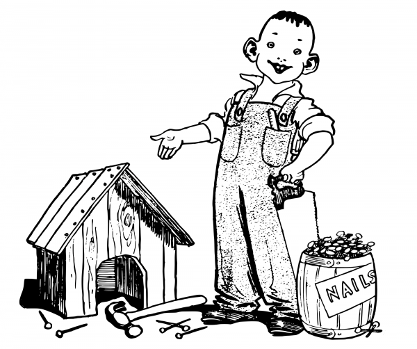 Vintage Little Boy Makes Dog House coloring page image