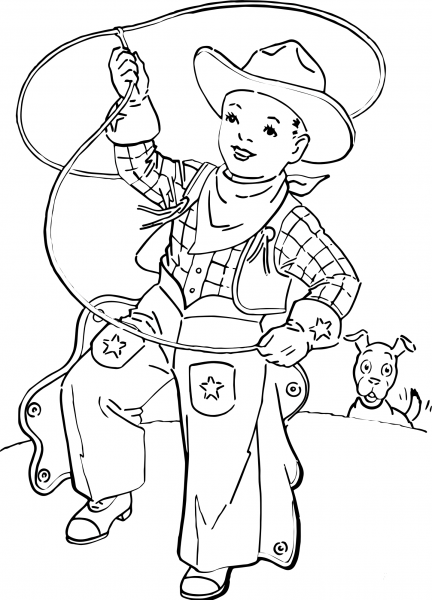 Vintage Little Cowboy with His Dog coloring page image